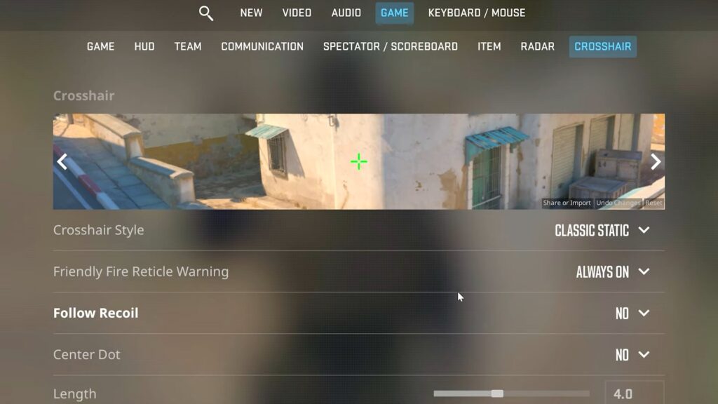 CS2 crosshair settings menu showing a green crosshair preview on a Dust II-style map, with options like Crosshair Style, Follow Recoil, and Center Dot.
