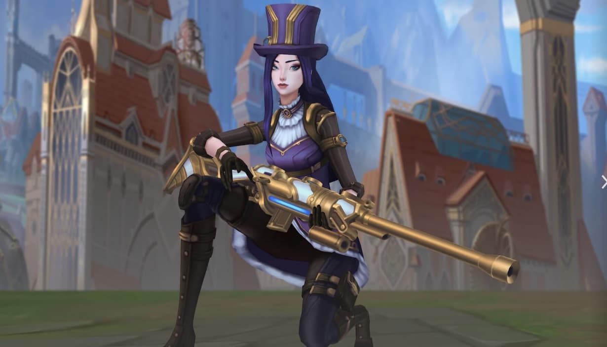 The character in the image is Caitlyn Kiramman, also known as the "Sheriff of Piltover," a playable champion from the popular online game League of Legends