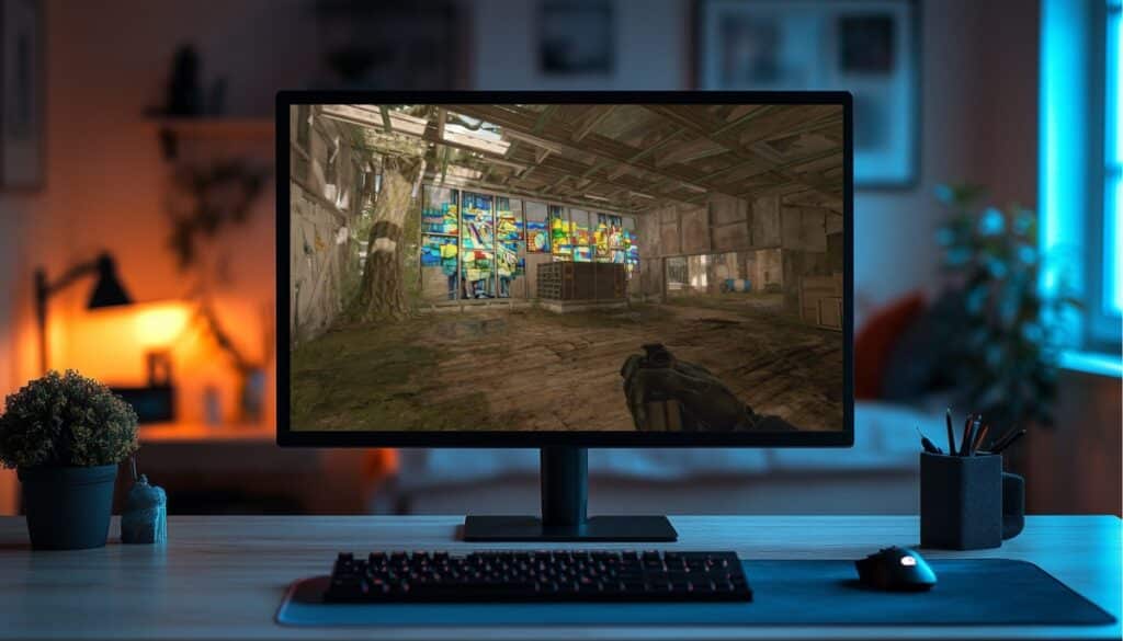 Monitor displaying the tree room from CS2's Cache remake, highlighting the map's potential return
