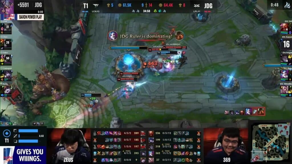 A League of Legends match: JDG dominates T1 with a high kill count, showcasing character stats and gameplay progress.