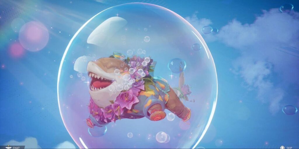 Jeff the Land Shark in a summer outfit floating inside a bubble against a bright blue sky