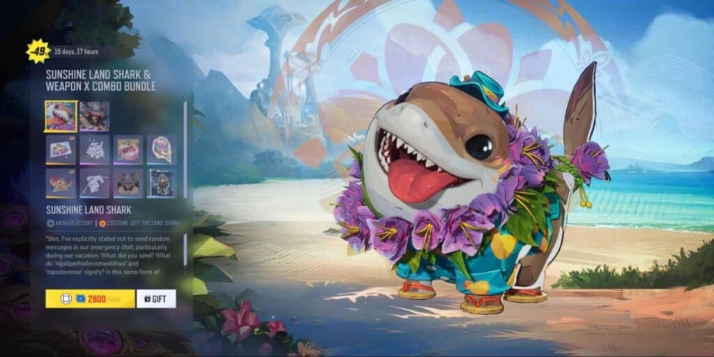 Jeff the Land Shark in his tropical Sunshine skin from the Marvel Rivals bundle, shown on a beach background with bundle details