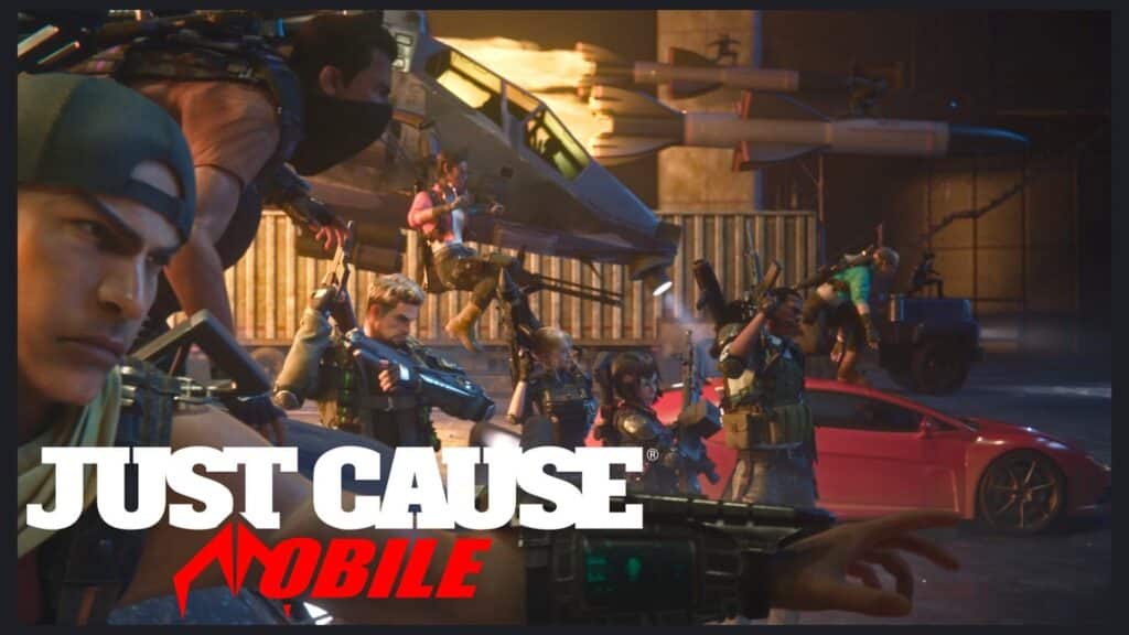 A group of armed characters in a dynamic scene, featuring vehicles and weapons, set against a vibrant, action-packed backdrop in a "Just cause" game setting.
