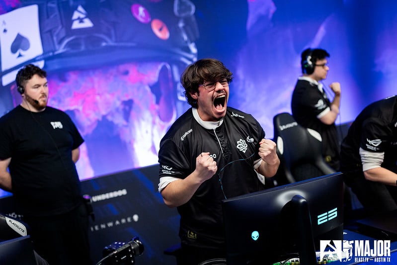 Legacy player celebrates with clenched fists during a match at the BLAST.tv Austin Major 2025