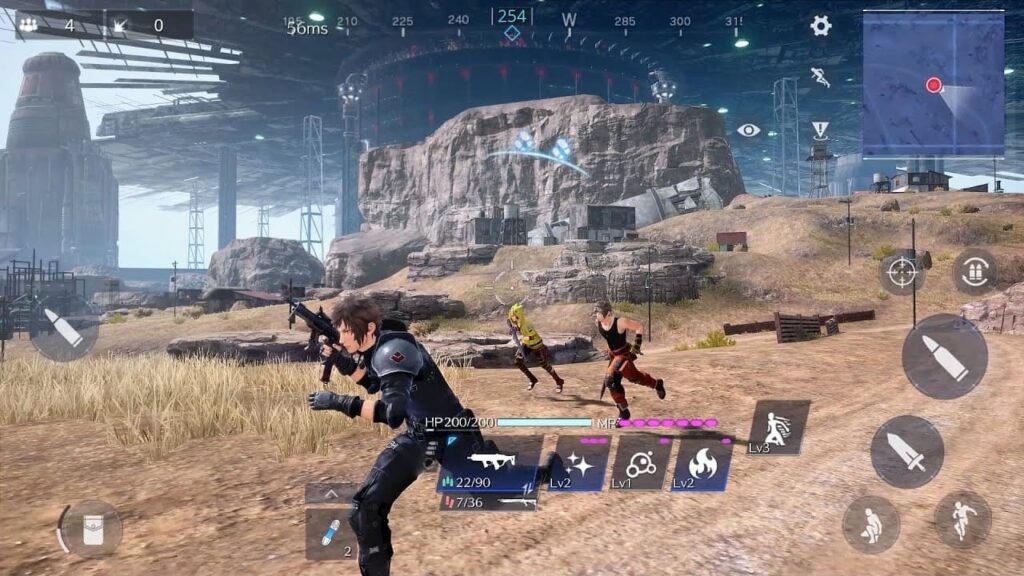 A group of characters engage in action amidst a futuristic Final Fantasy VII: The First Soldier game landscape with a large hovering structure in the background.