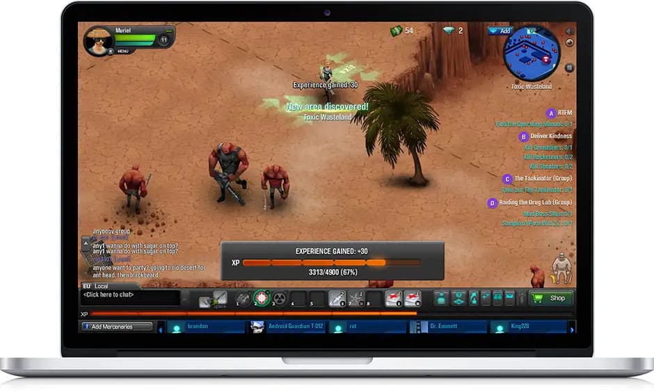 Screenshot of a 2D multiplayer RPG game showing characters in a desert battle zone, with XP gain notifications and a minimap labeled “Toxic Wasteland”