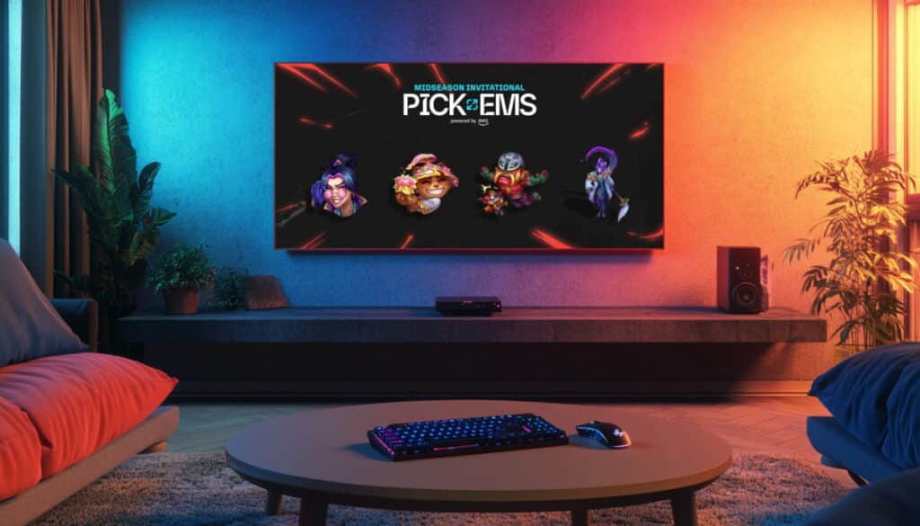 TV screen showing MSI 2025 Pick'em with LoL champions and logo