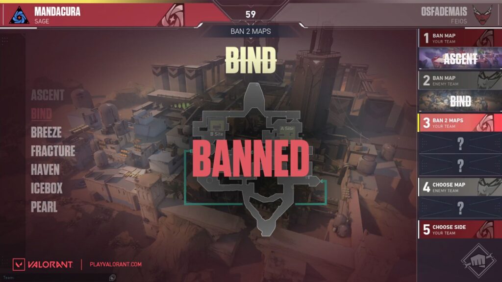 A gameplay screen from Valorant showing the map "Bind" marked as banned, with various other maps listed for selection.