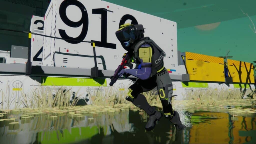 A futuristic soldier from Marathon game in tactical gear, crouching beside a cargo container, aiming a weapon in a lush, reflective landscape.