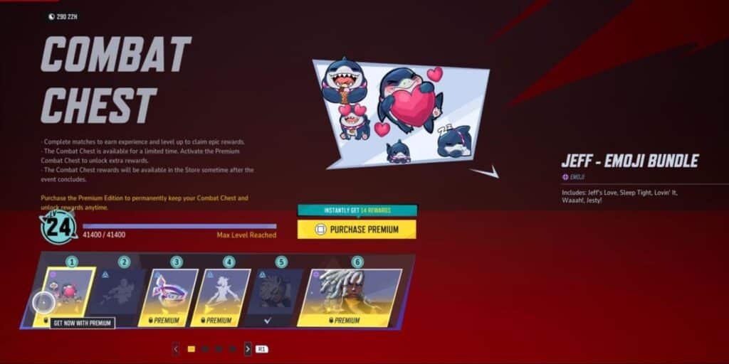 Marvel Rivals screen showing the Jeff Emoji Bundle with cartoon shark emojis as part of Premium Combat Chest rewards