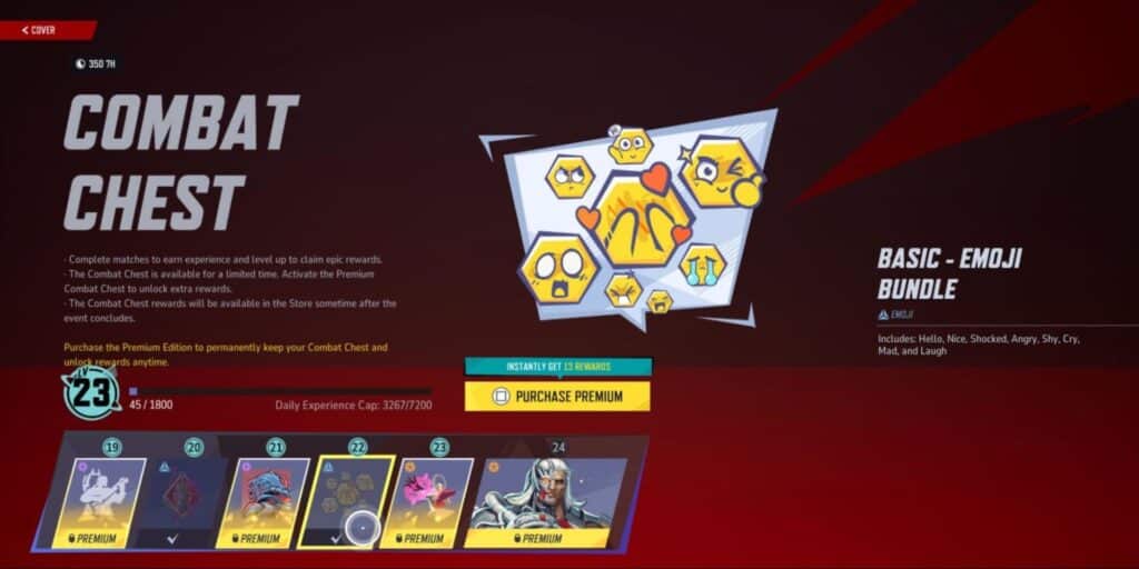 Marvel Rivals Combat Chest interface displaying the Basic Emoji Bundle with icons like Hello, Cry, Shocked, and Angry, and information about Premium unlocks