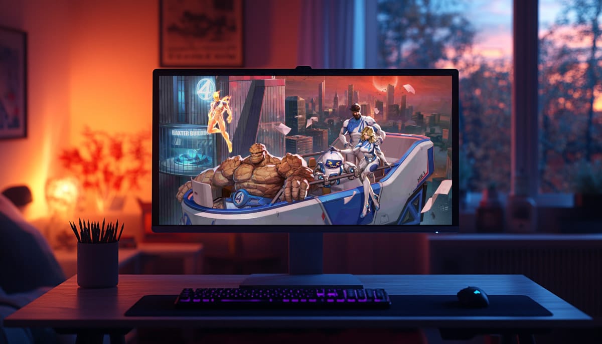 A computer monitor displaying the Fantastic Four superheros in a futuristic setting, with the Baxter Building in the background at sunset