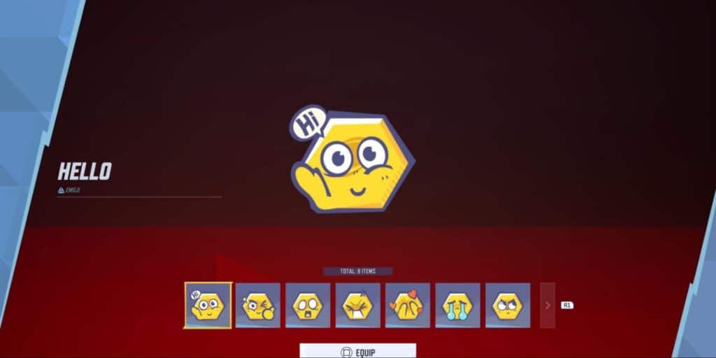 Marvel Rivals emoji customization screen showing the "Hello" emoji with a waving yellow hexagon character and other emoji options