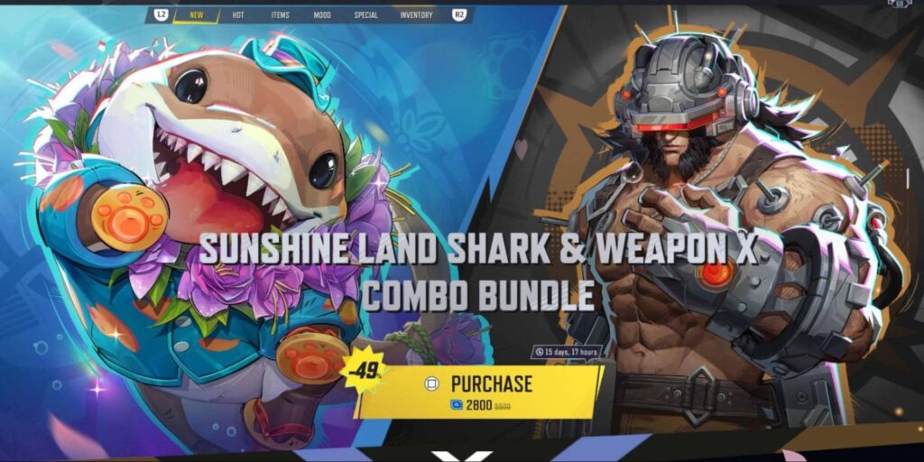Jeff the Land Shark in a summer outfit and Wolverine in Weapon X armor from the Marvel Rivals combo bundle promo