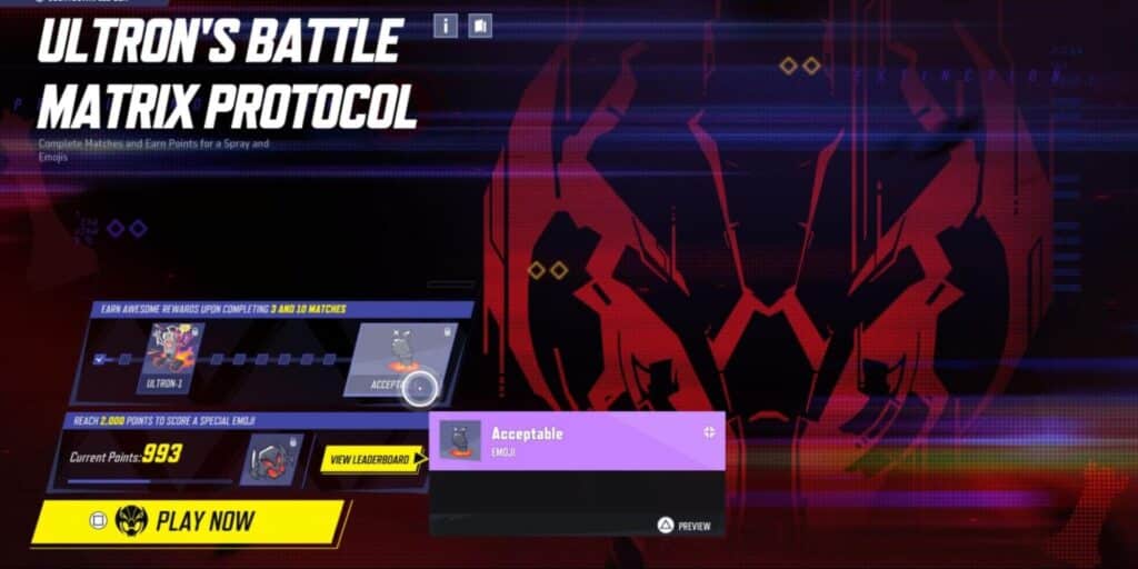 Marvel Rivals event screen for Ultron’s Battle Matrix Protocol showing progress toward unlocking the Acceptable emoji reward