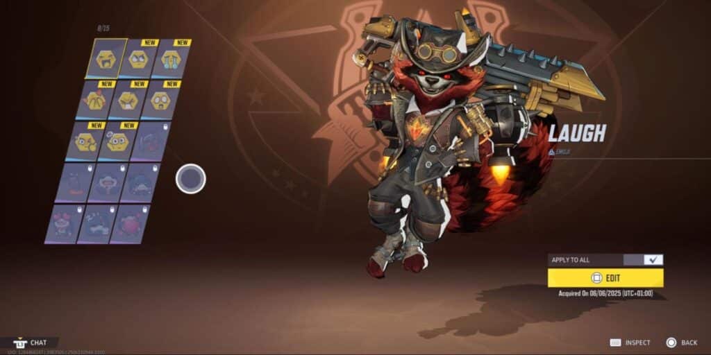 Marvel Rivals customization screen showing Rocket Raccoon and a selection of equipped and locked emojis including Laugh