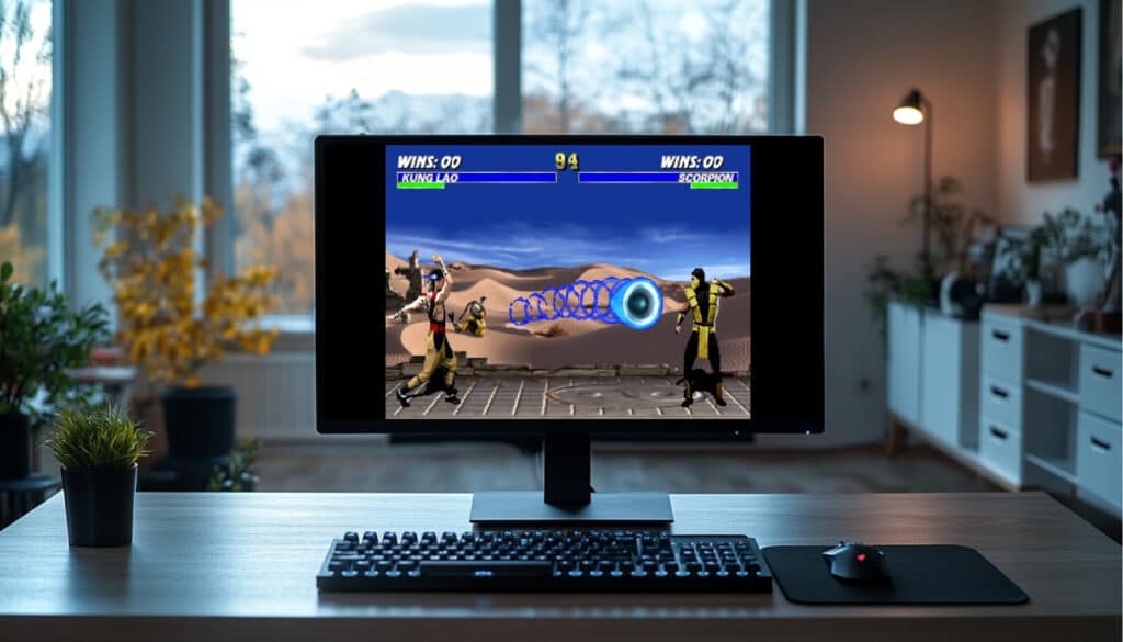A retro Mortal Kombat game playing on a monitor, representing the upcoming Mortal Kombat Legacy Kollection compilation.