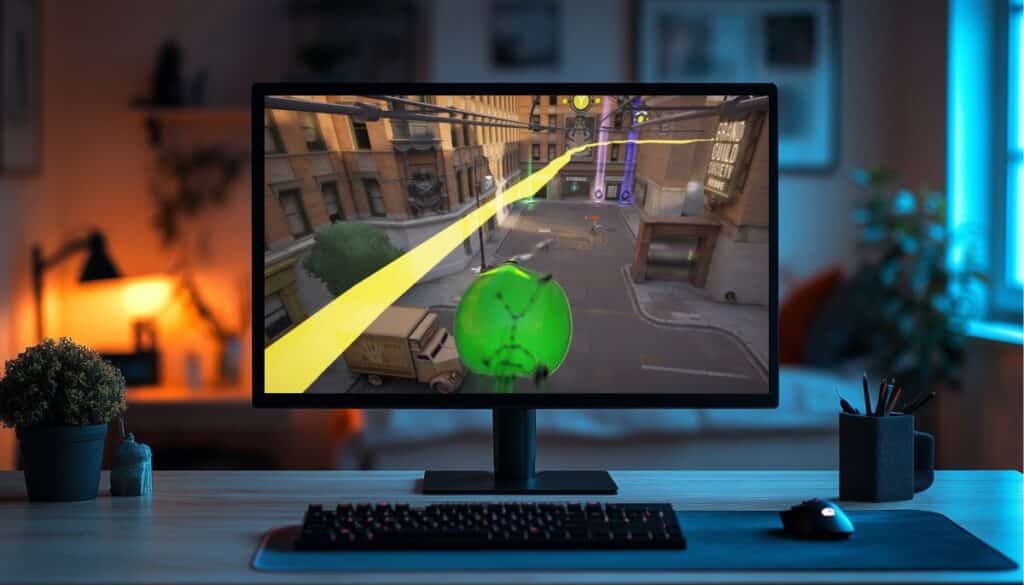 Deadlock gameplay featuring Viscous on a zipline displayed on a gaming monitor in a cozy, dimly lit room setup.
