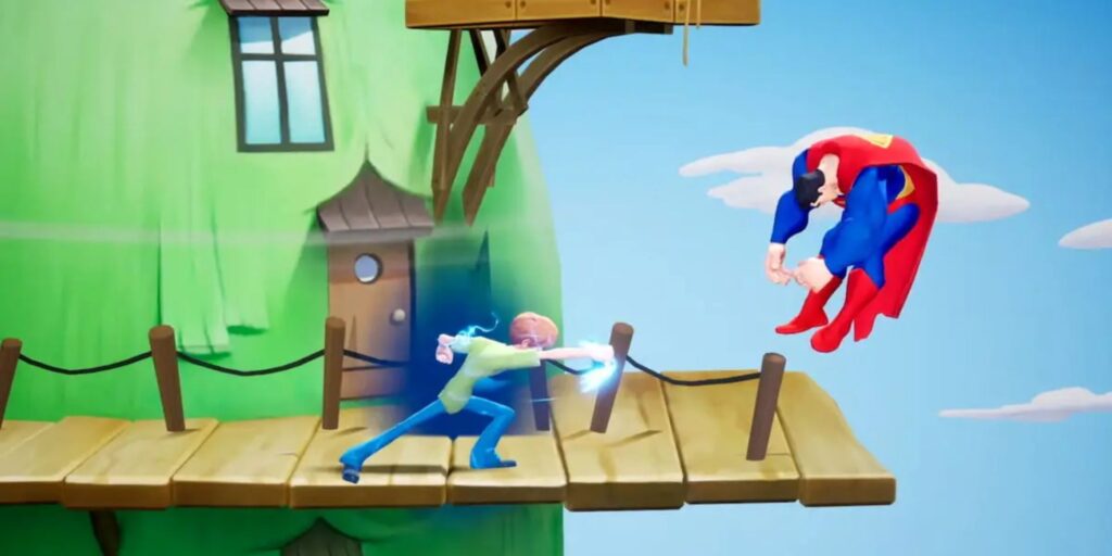 Shaggy unleashing an energy punch against Superman on a wooden platform in the MultiVersus fighting game
