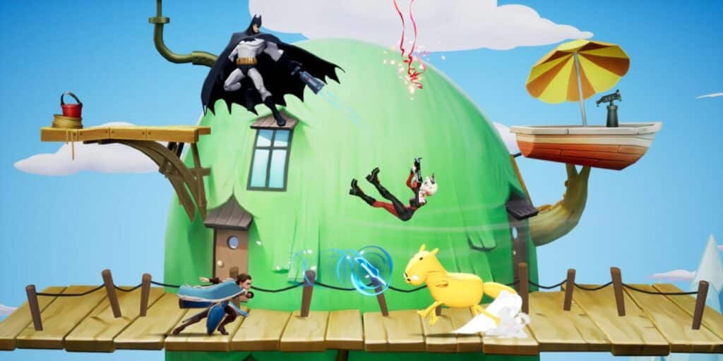 Gameplay scene from MultiVersus showing Batman, Harley Quinn, Arya Stark, and Jake the Dog battling on a cartoonish platform stage