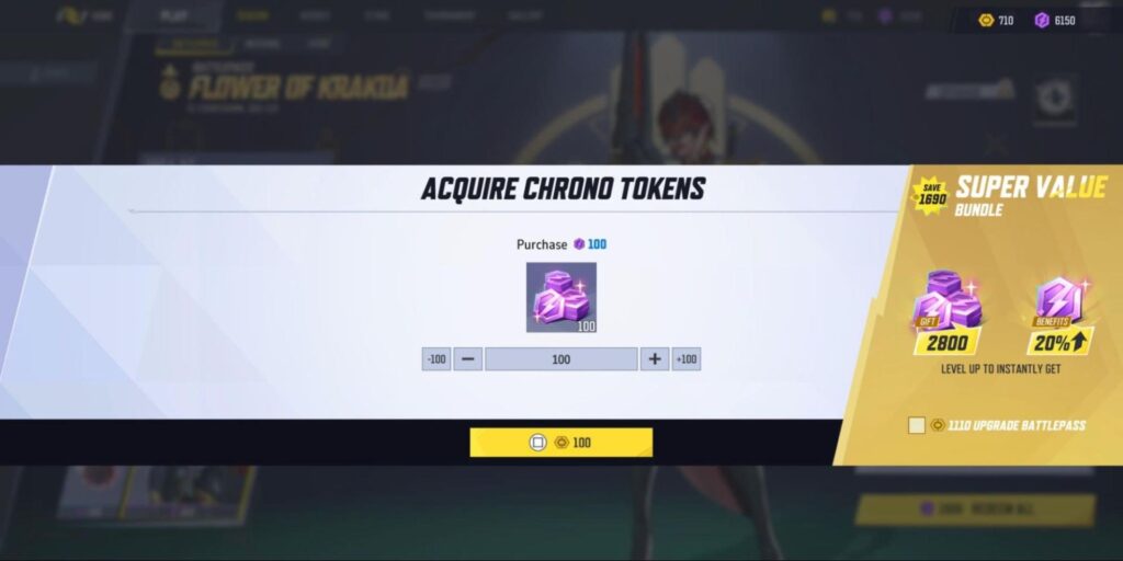 A user interface screen displaying options to purchase 100 Chrono Tokens, highlighting a Super Value Bundle and additional benefits.