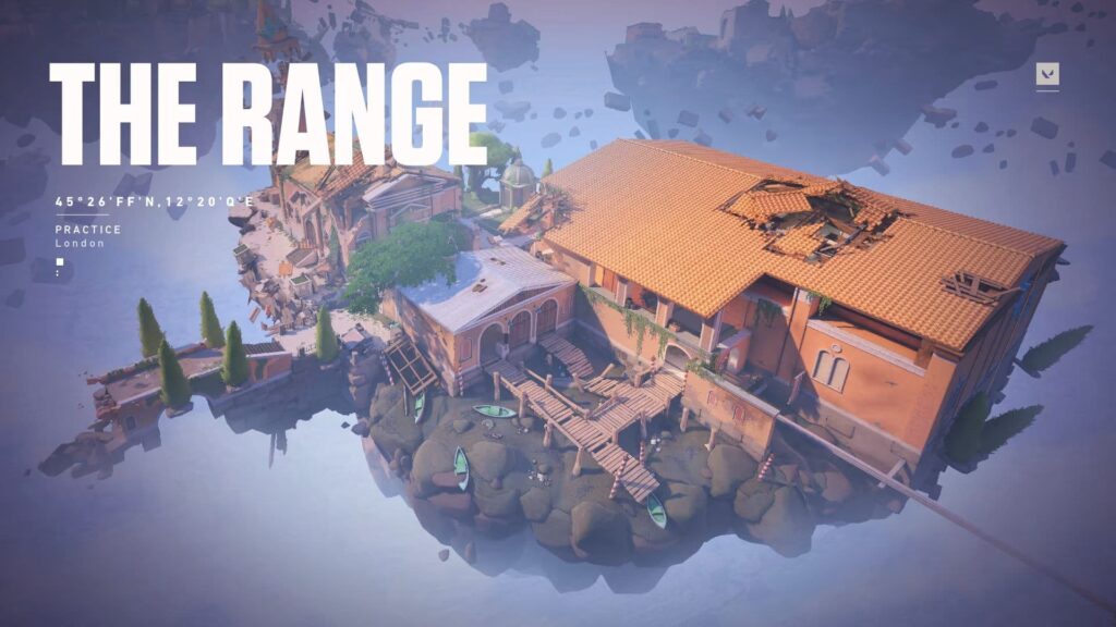A vibrant, stylized map labeled "THE RANGE," depicting a detailed practice area in an aerial view, surrounded by water.