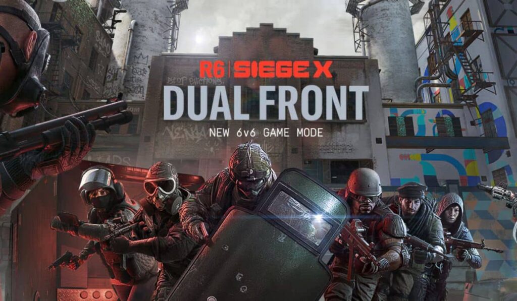 Promotional image for Rainbow Six Siege X showing the new Dual Front 6v6 game mode with armed operators in tactical gear