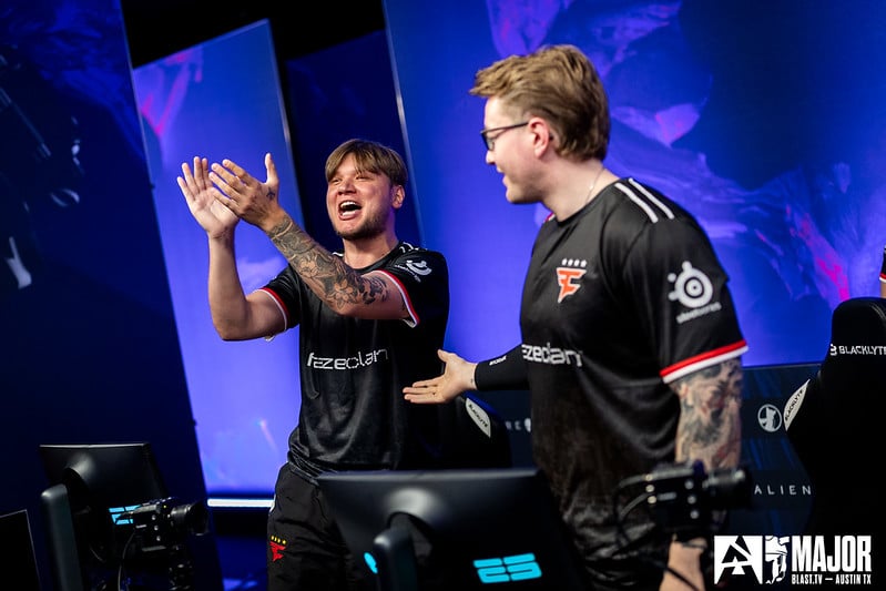 FaZe Clan players celebrate after a match at the BLAST.tv Austin Major 2025