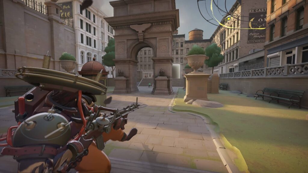 Deadlock hero sliding through a plaza toward a large stone arch in a stylized city map.