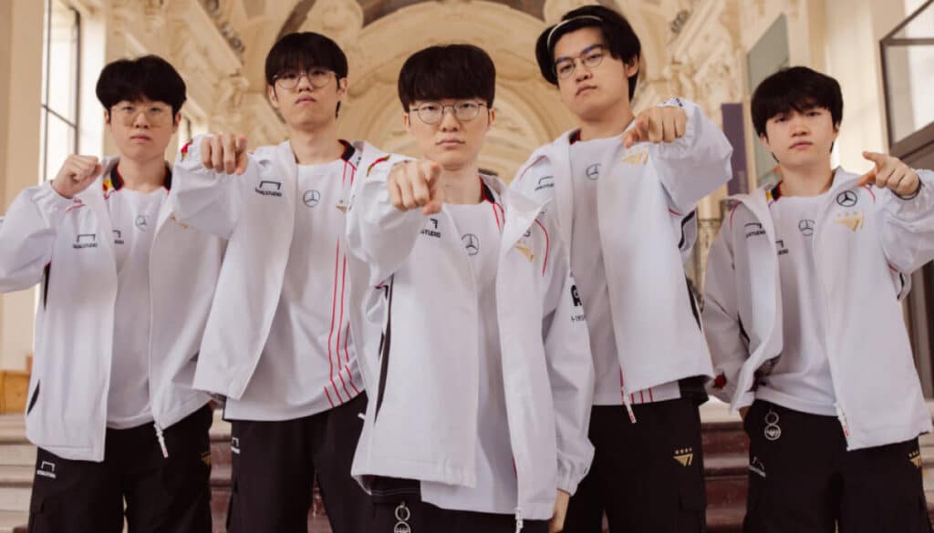 T1 League of Legends roster in white team jackets during the 2025 season