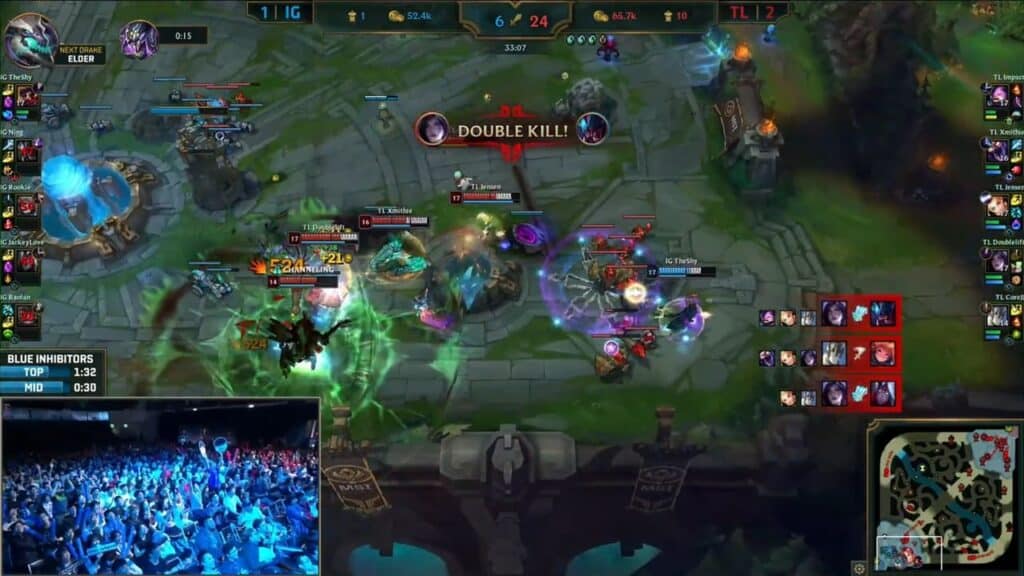 A thrilling League of Legends match shows Team Liquid dominating Invictus Gaming, highlighted by a "Double Kill" notification.