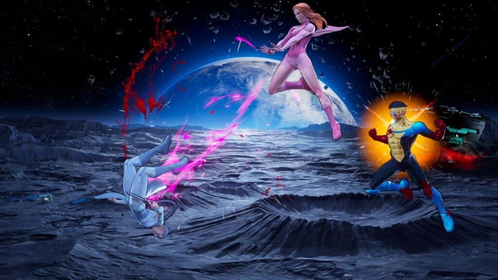 Three superheroes from Invincible VS engage in an intense battle on a lunar landscape, with vibrant energy and motion effects surrounding them.
