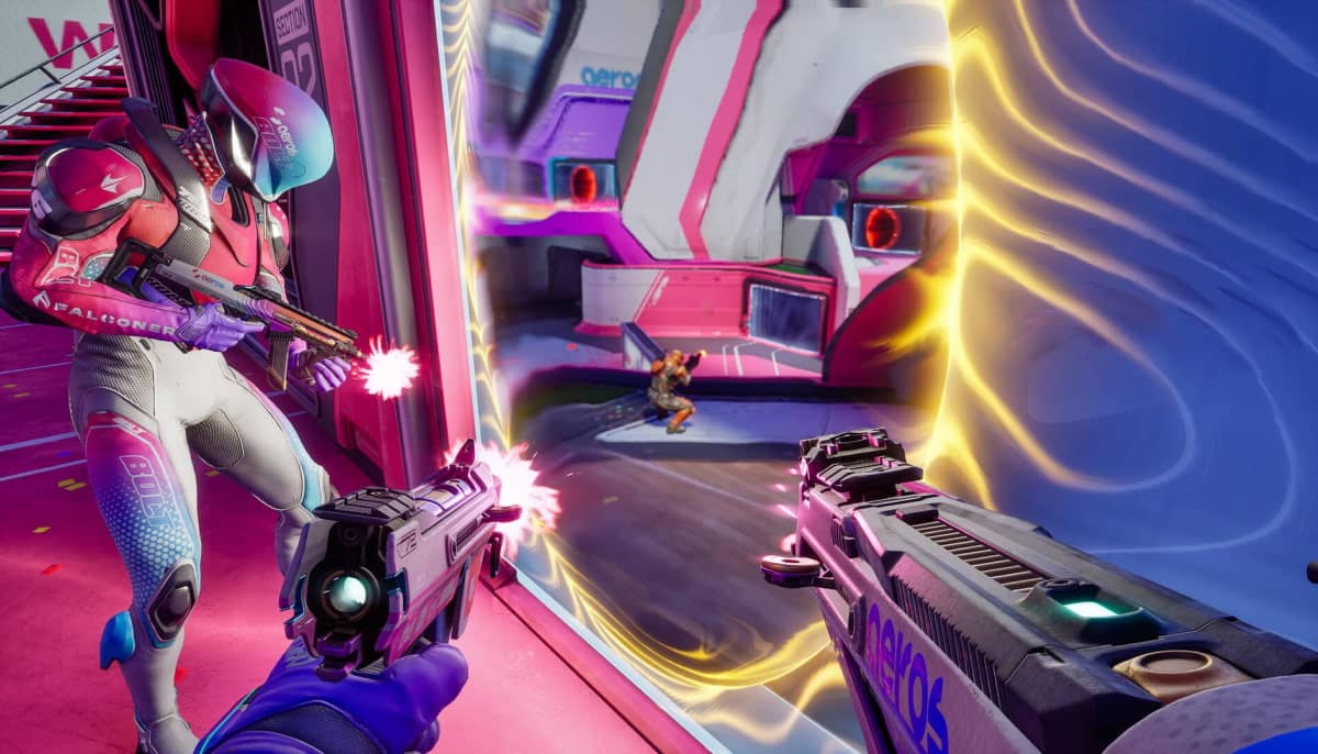 A character of Splitgate 2 fires dual handguns through a vibrant portal, targeting an opponent in a colorful gaming arena