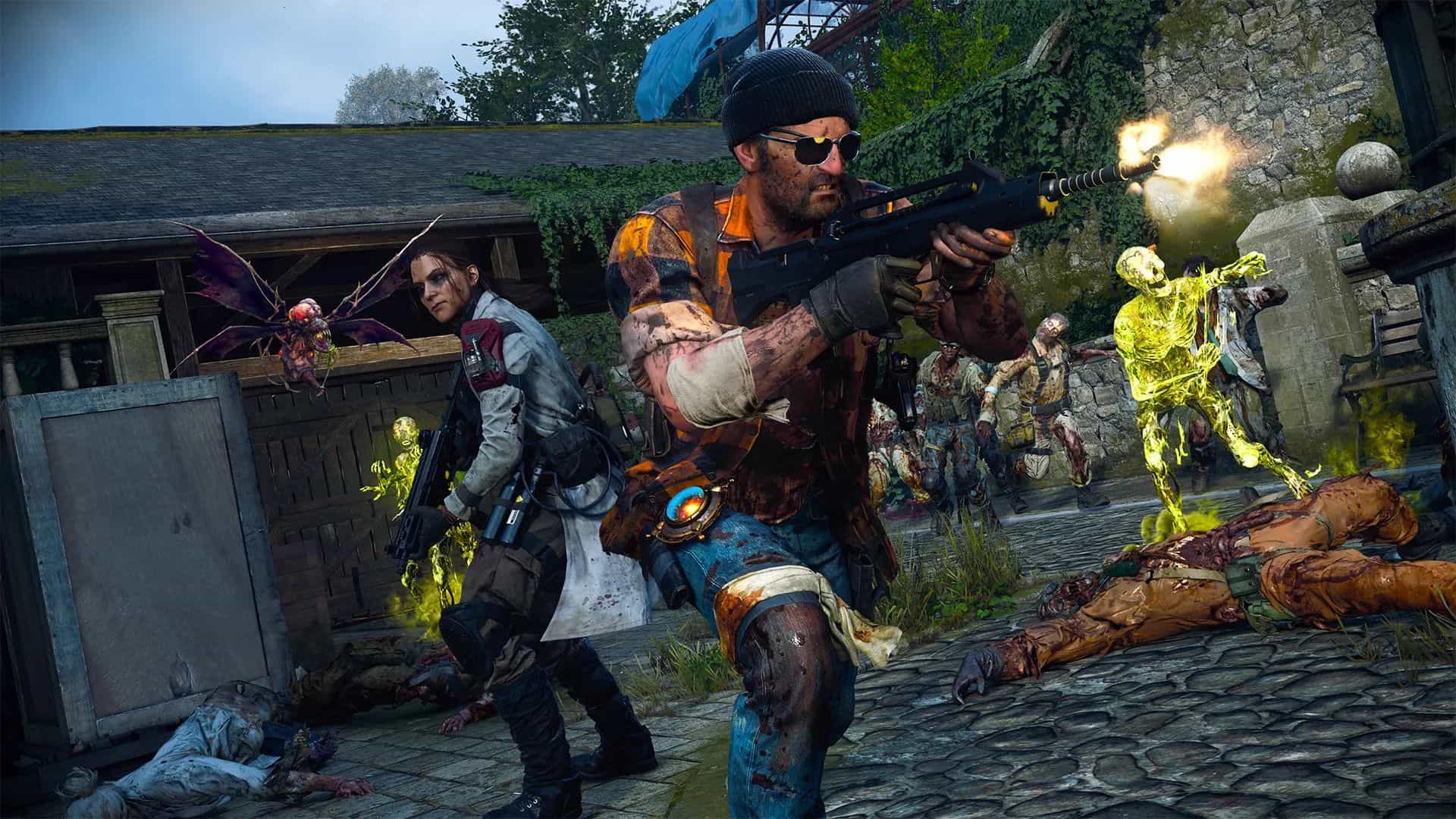 A chaotic scene of armed characters of Call of Duty battling glowing zombies and a flying creature in a dense, overgrown urban environment.
