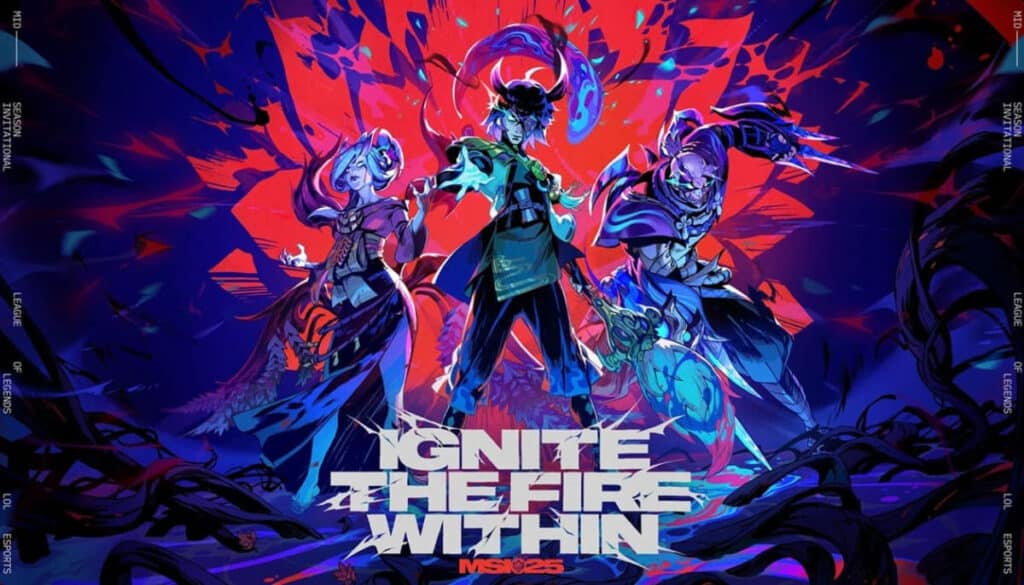 Vibrant illustration of three League of Legends champions, with bold text "Ignite the Fire Within" against a dynamic background.