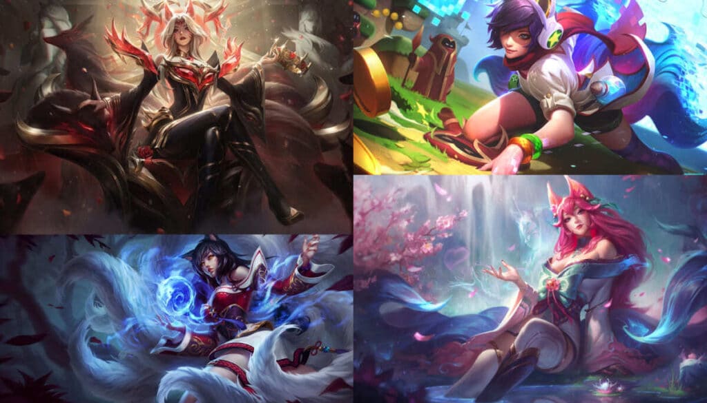 Collage of top Ahri skins in League of Legends, featuring Risen Legend, Arcade, Classic, and Spirit Blossom skins