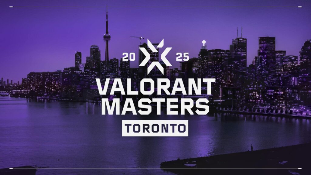 Valorant Masters 2025 Toronto event logo displayed over a night view of the Toronto skyline with a purple color theme.
