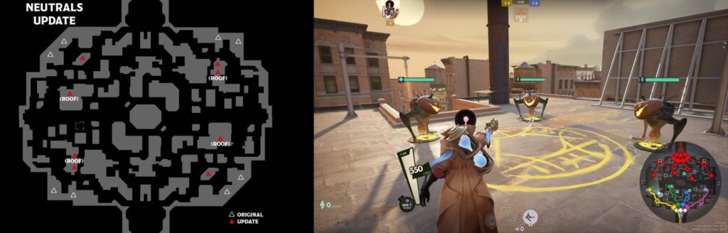 Deadlock neutral camp update showing new enemy spawn locations on the map and in-game view of a hero facing rooftop neutrals