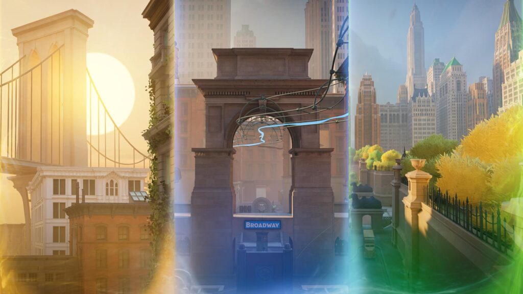 Stylized Deadlock city map with a bridge, a Broadway archway with ziplines, and a park path lined with skyscrapers