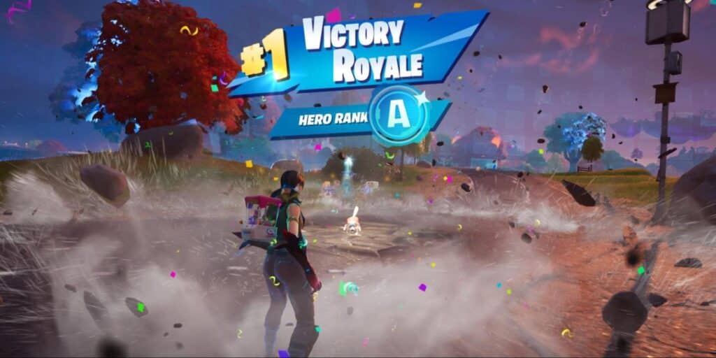 Fortnite player celebrates a Victory Royale with confetti flying as Krypto the Superdog lands on the ground, creating a shockwave effect