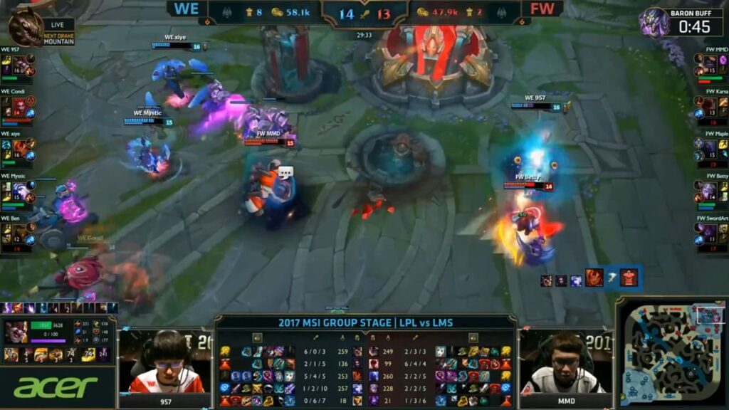 Competitive League of Legends match in progress, showing player stats and team positions near the enemy Nexus at MSI 2017.