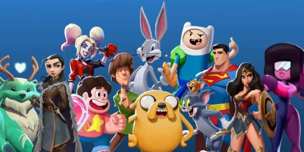 Lineup of MultiVersus characters including Superman, Wonder Woman, Bugs Bunny, Arya Stark, Harley Quinn, Shaggy, Finn, and others from the Warner Bros. universe