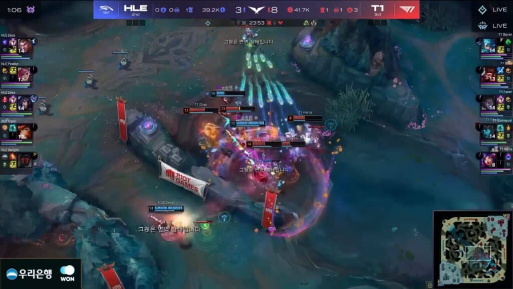 A dynamic League of Legends battle, showcasing vibrant spells and champions in action, with team logos and stats displayed.