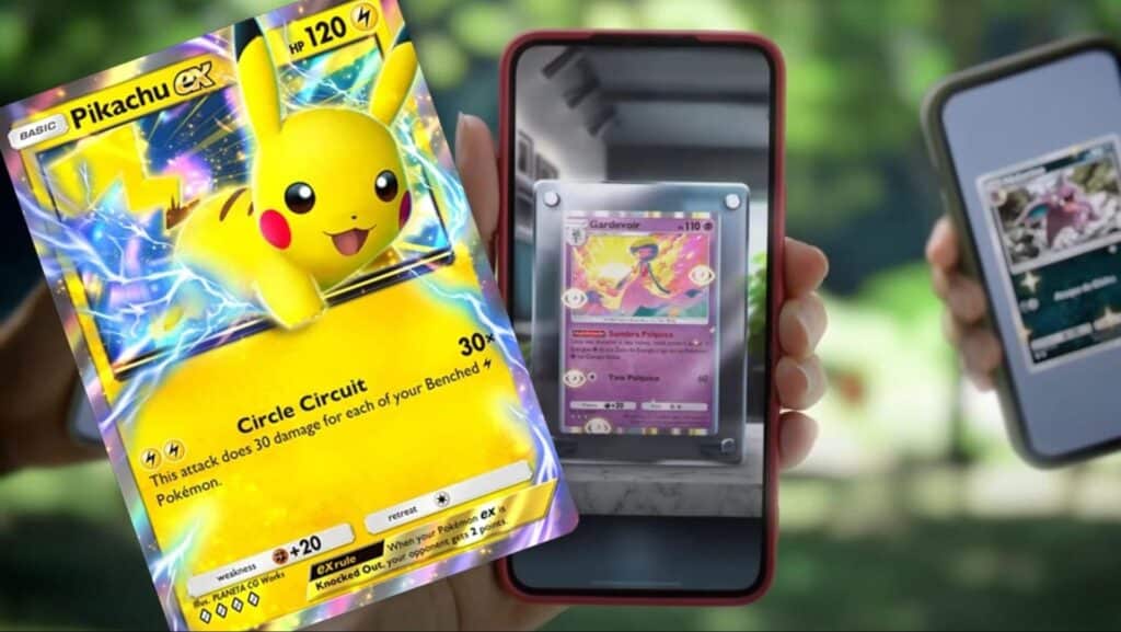 A Pikachu EX Pokémon card displayed in hand, with Gardevoir and another card visible on smartphones in a vibrant, outdoor setting.