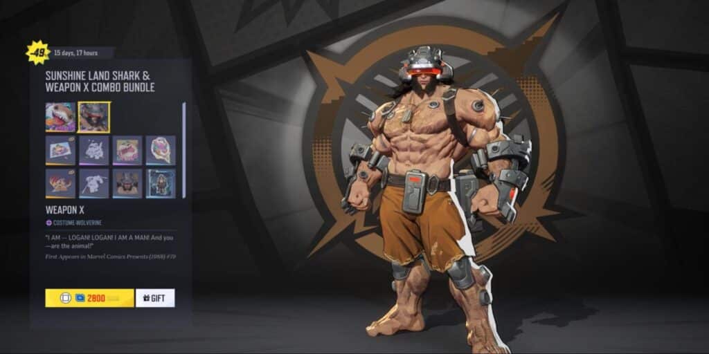 Wolverine in his Weapon X skin from the Marvel Rivals combo bundle, shown with included cosmetics and price
