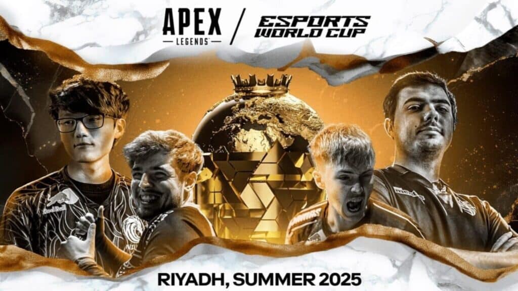 Image of ALGS players posing next to golden trophy on a gold background. The Apex Legends and Esports World Cup logos are at the top of the image on a white background