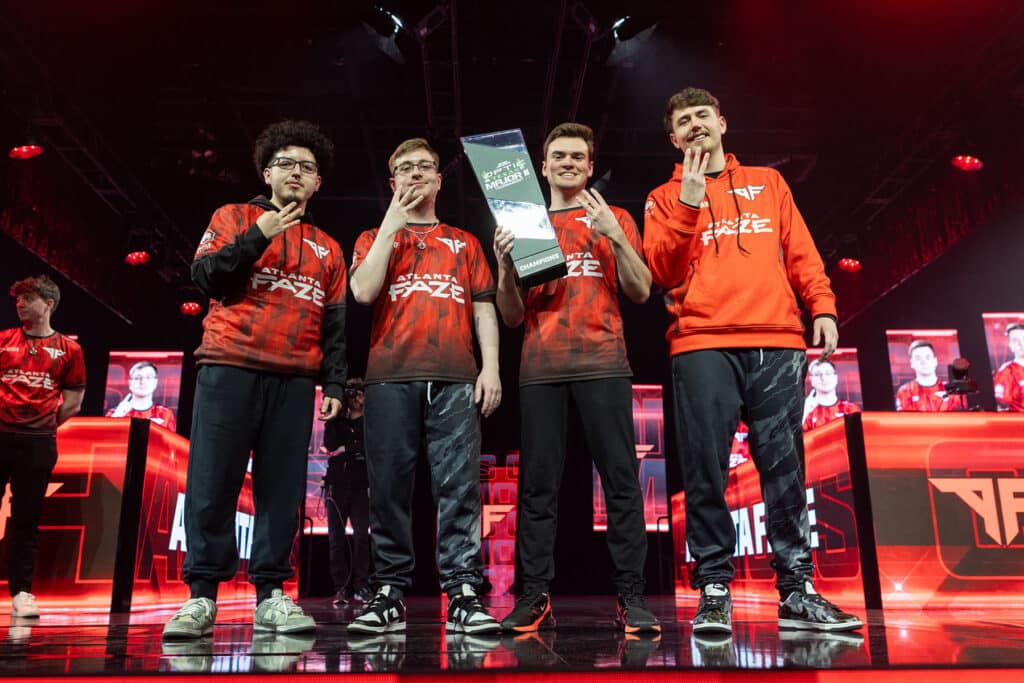 Image of Atlanta FaZe holding CDL Major 2 trophy on stage