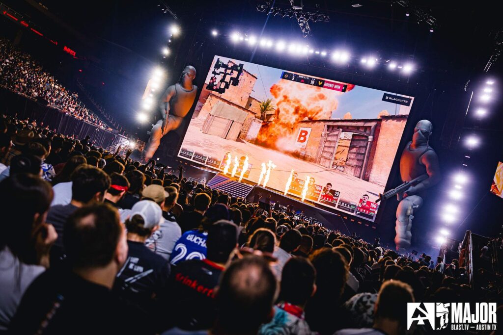 Image of BLAST Austin Major stage screen showing footage of live Counter-Strike match