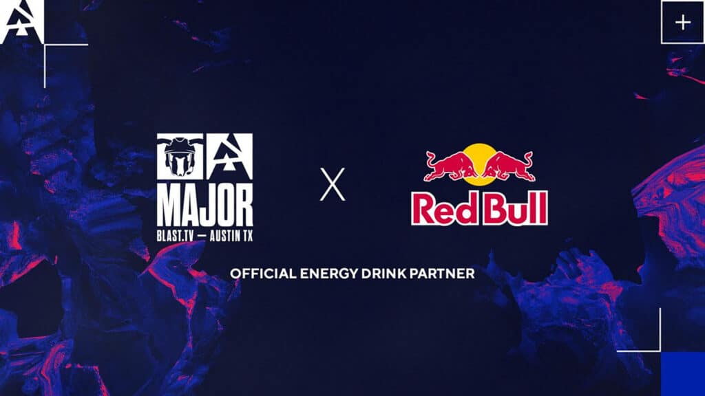 Image of BLAST.tv Austin Major and Red Bull logos on a dark blue and purple background