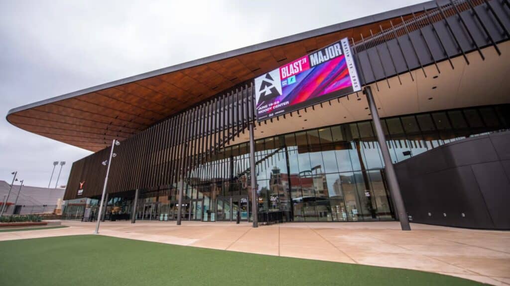 Image of Moody Center displaying BLAST.tv Austin Major logo on outdoor screen